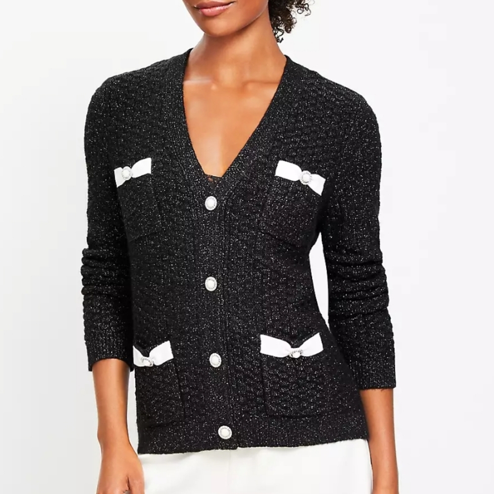 LOFT Black Metallic V-Neck Cardigan with White Bow Accents